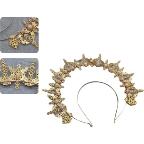 Vintage Lolita Jewelry Accessories Embossed Moon Halo Crown Pearl Decor Headband Metal Tiara DIY Material Package LX9E