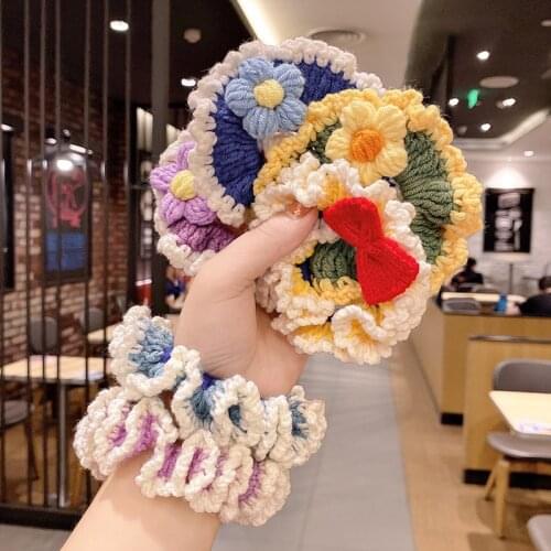 Knitted Woolen Flower Hair Tie, Hit Color Hand-woven Three-dimensional High-stretch Ponytail Head Rope Simple Ball Hair Rope