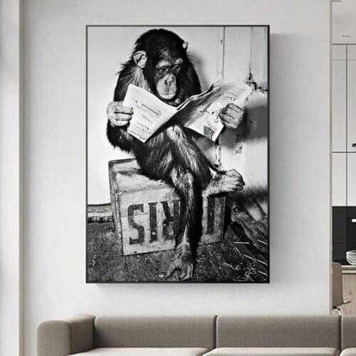 Funny Monkey Reading Newspaper Black and White Art Posters and Prints on The Wall Painting Toilet Toilet Decoration Pictures