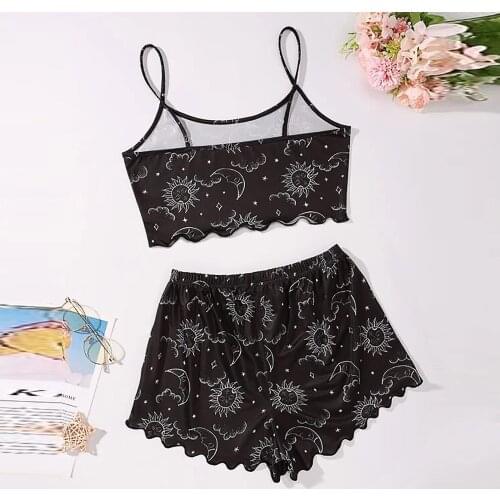 Sets Womens Outfits Black Casual Pajamas Women Pants Lace Sun And Moon Print Sleeveless Vest Hot Pants Pijamas Women Sexy