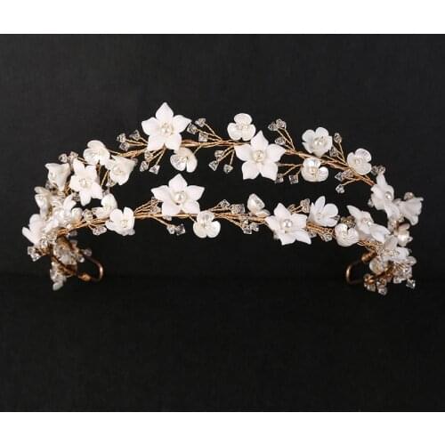 SLBRIDAL Handmade Luxury Rhinestones Crystal Pearls Ceram Flower Bridal Tiara Wedding Bridesmaids Crown Women Girls Hair Jewelry