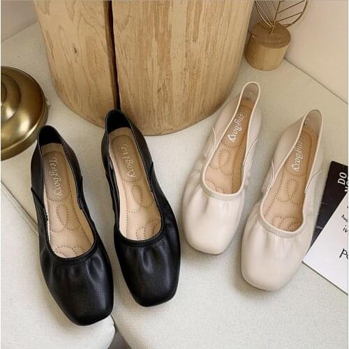 2021Beige Black Flat Shoes Women Shallow Ballet Flats Female Boat Shoes Slip On Ladies Square Head Loafers Spring Women Footwear