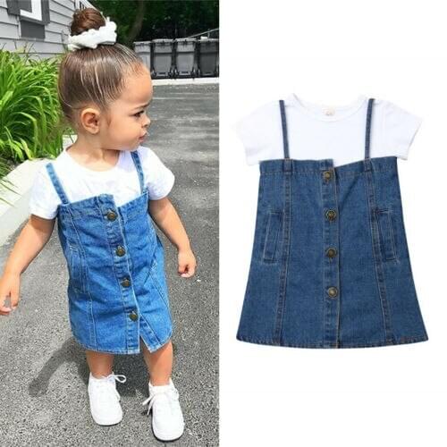PUDCOCO 2Pcs Kids Baby Girl Cotton Top Shirt Suspender Denim Skirt Strap Dress Outfit Clothes Set 1-4Y