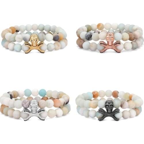 2pcs/lot 8mm skull gold silver copper cz zircon cubic zirconia beads Yoga Bracelet elastic agate Stone Bangles 5345