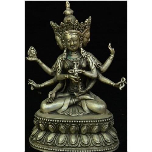 7" Tibet Buddhism Silver 3 Head 8 Arms Namgyalma & Ushnishavijaya Buddhas Statue