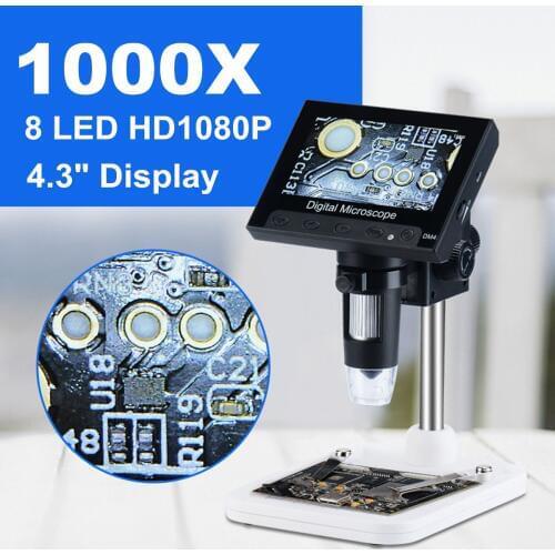 1000x 2.0MP USB Digital Electronic Microscope DM4 4.3"LCD Display VGA Microscope with 8 LED Stand for PCB Motherboard Repairing