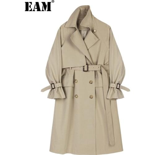 [EAM] Women Camel Brief Big Size Long Trench New Lapel Long Sleeve Loose Fit Windbreaker Fashion Tide Spring Autumn 2021 1Z943