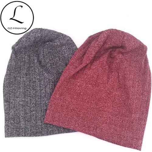 GZHILOVINGL 2019 New Women Black Sequins Slouchy Beanies Hat and Caps Men Winter Autumn Baggy Cotton Knitted Skullies Gorros