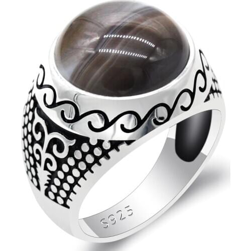 Real Pure 925 Sterling Silver Men Ring with Round Natural Onyx Stone Male Agate Rings Retro Exquisitely Carved Turkish Jewelry