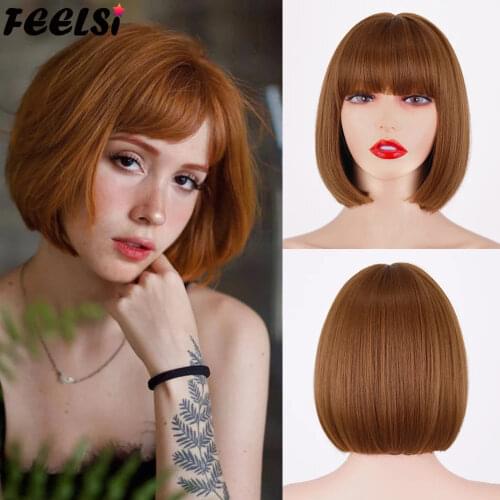 Short Bob Wig With Bangs Pure Color Black Brown Wig for Women Synthetic Bob Wigs for Lolita Party Cosplay Daily Use