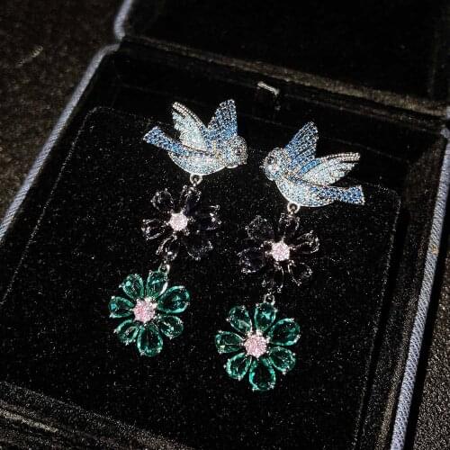 QTT Cute Birds Flower Earrings 925 Sterling Silver Dangle Earrings Crystal Earrings for Women Wedding Anniversary Gift