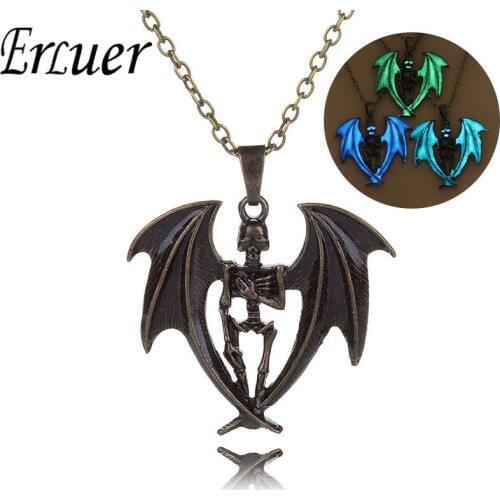 ERLUER Mens Skull Wing Luminous pendant Necklace Glow In The Dark Black Gold color Vintage Skeleton Necklaces Jewelry Gift
