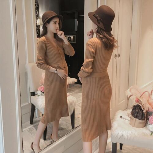 Pregnancy clothes winter dress maternity sweater with belt stretch slim v-neck breast-feeding knitted maternity warm long