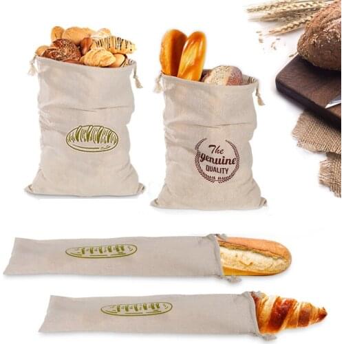 Natural Linen Bread Bags Reusable Food Bag Baguette Drawstring Pocket