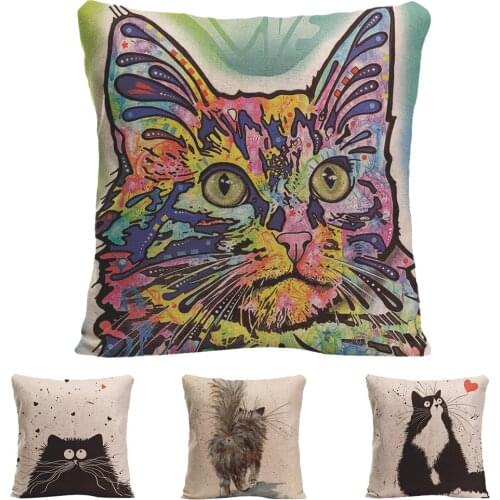 Lovely Fuzzy Cat Decorative Cushion Cover Cotton Linen Square Throw Pillow Cover Two Sided Printing Home Office Car Sofa Decor