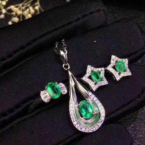 Natural and Real Emerald jewelry set Natural Real Emerald 925 sterling silver 1pc pendant,1pc ring ,2pcs Earring