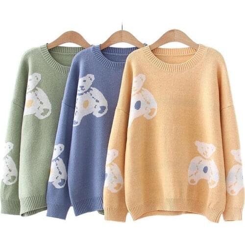 Kawaii Bear Sweater Women Emroidery Knitted Pullovers 2021 Winter Full Sleeve O-neck Korean Female Harajuku Soft Tops