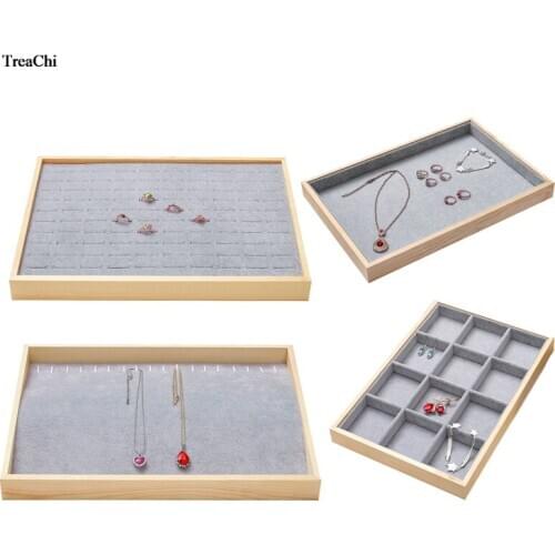 Natural Wood Jewelry Display Tray Grey Velvet Necklace Bracelet Ring Earrings Organizer Box Watch Display Showcase Tray