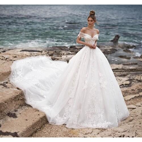 VLLUSISA Princess Ball Gown Wedding Dress Off Shoulder Beading Lace Bridal Gown With Cathedral Train