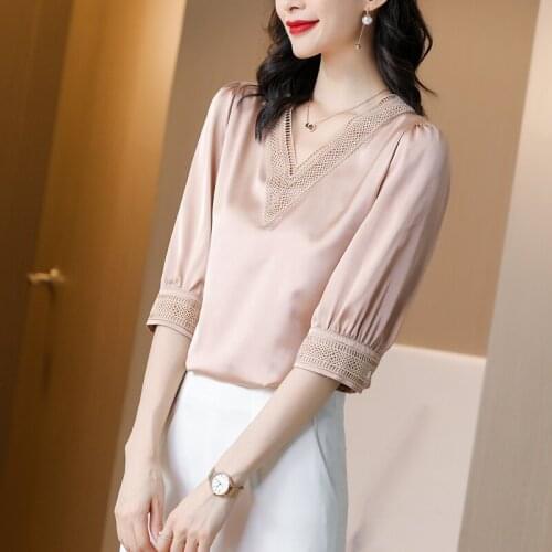 2021 Fashion Fall Satin Womens Shirt V-neck Solid Silk Blouses Shirts Five-point Sleeve Women Blouse Elegant Basic Ladies Top