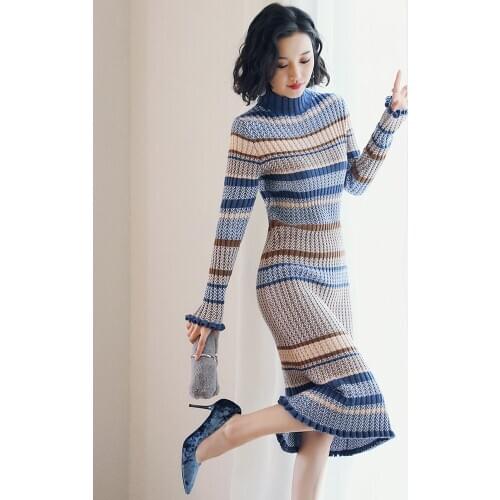 High-necked long section bottoming over the knee pullover sweater women wearing autumn and winter clothing 2019 new knit dress