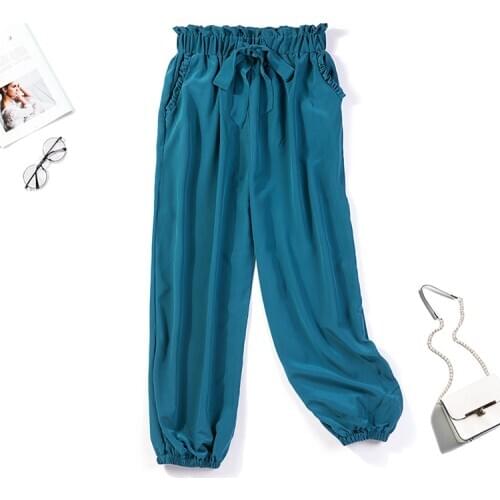 Womens 100% Real Mulberry Silk Belt Elastic Waist Jogger Pants Trousers Multi Colors JN134