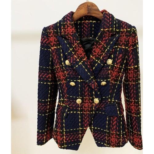 Vintage Brand Clothing Luxury Women Cardigans 2021 Autumn Winter Lion Buckle Double-breasted Line Plaid Tweed Slim jacket Coat