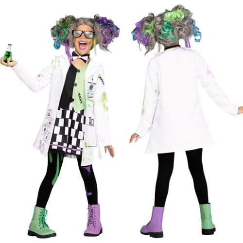 Scientist Costume 4Pcs Girls Dress Mad outfit Boys Crazy Scientist Coat Halloween For Kids Sunglasses Wig Purim Party Cosplay