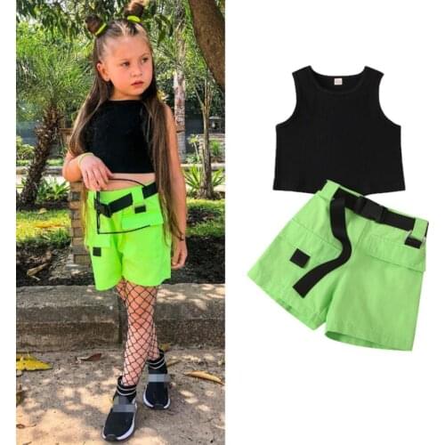 3 Pcs Set Infant Solid Color Outfits Girls Sleeveless Knitted Round Neck Tank Vest Tops Shorts Adjustable Belt Fashion Sets