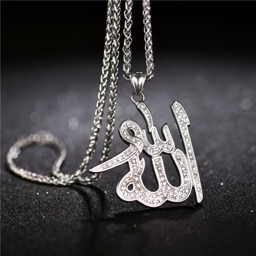 Islamic Allah Pendant Necklace For Women Silver Color Cubic Zirconia Necklace Religious Muslim Jewelry 24inch Chain
