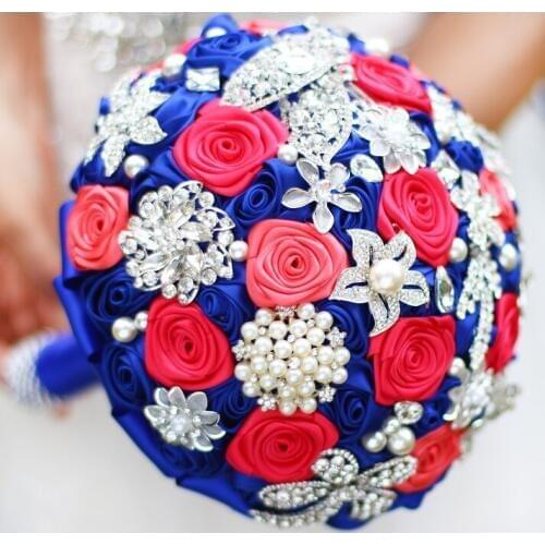 DIY brooch bouquet Silk Bride Bridal Wedding Bouquet Bridesmaid sapphire blue Artificial Flower Customizable