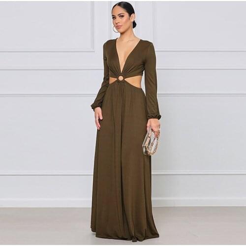Elegant Fashion Waist Band Cut Out Dress Women Sexy Deep V Neck Long Sleeve Party Dresses Chic Trendy Backless Prom Vesitdos