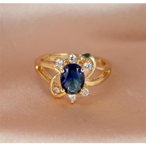 Blue Oval Small Stone Ring Charming Flower Rings For Women Wedding Jewelry Vintage Fashion Yellow Gold White Crystal Zircon Ring