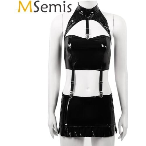 MSemis Women Halter Neck Crop Top with Garter Belt Mini Skirts Wet Look Patent Leather Set Pole Dance Rave Festival Costumes