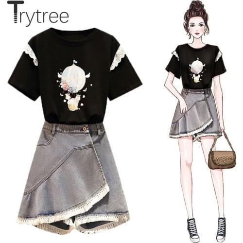 Trytree 2021 Summer Women Two Piece Set Casual Fashion Lace Cartoons Printed T-shirt + Denim Shorts Skirt Tassel Hem 2 Piece Set