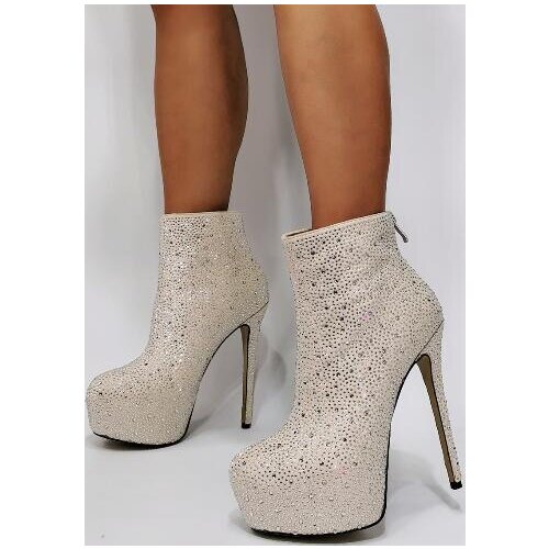 Linamong New Woman Fashion White Crystal Diamond Platform Round Toe Short Boots Bling Bling High Heel Ankle Boots Lady Plus Size