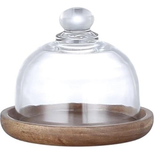 Mini Dessert Serving Stand With Dome Lid Multifunctional Platter Cake Plate Acacia + Lead-free Glass For Hotels Home Party
