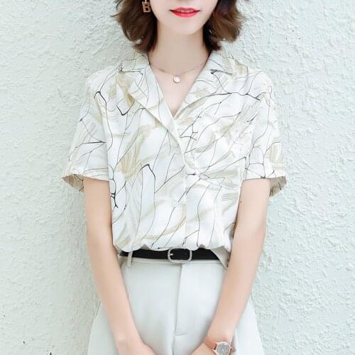 Fashion Print Shirt Chiffon Women Blouse 2021 Summer New Retro V-Neck Loose Short Sleeve and Tops Office Lady Clothes