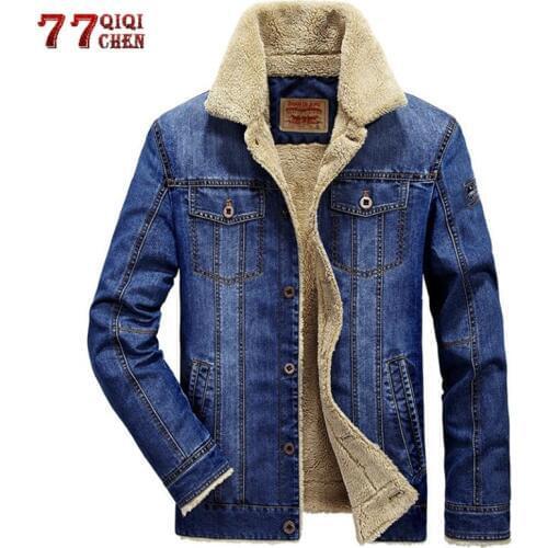 Winter Denim Fleece Jacket Men Warm Parkas Casual Retro Fur Collar Jeans Coat Thick Velvet Cowboy Military Jackets 6XL Overcoat