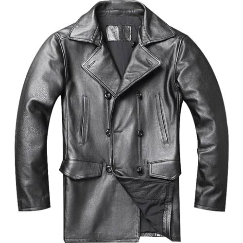 European Style Real Leather Mens Coat Vintage Jacket For Man Winter Overcoat Luxury Dress Suit Trench Coat Cowhide Windbreaker