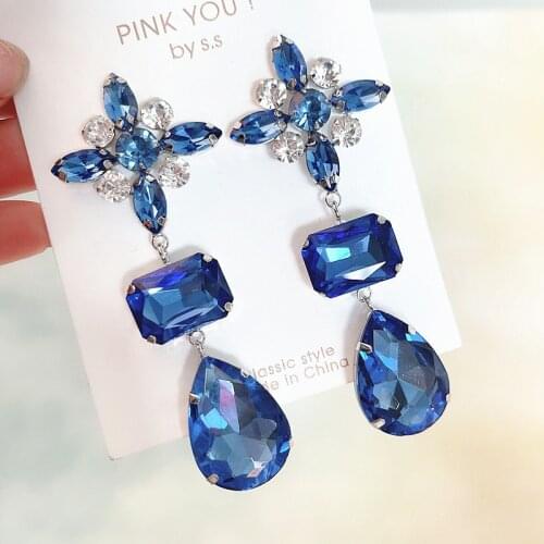 MWSONYA Korean Fashion Blue Crystal Drop Earrings for Women 925 Silver Needle Geometric Elegant Pendientes Party Jewelry Gifts