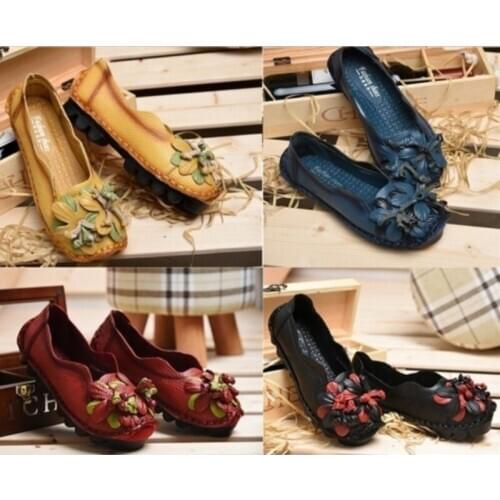 New Women Shoes Leather Slip On Shoes For Women Slipony Loafers Nurse Ballerina Flower Shoes Ladies Plus Size