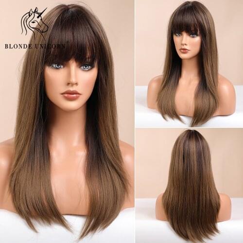 Blonde Unicorn Synthetic Wig Long Straight Ombre Dark Brown with Bangs For Women Daily Party Wigs Heat Resistant Fiber