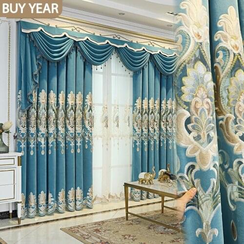 European-style Curtains for Living Room Dining Bedroom Embroidered Jane Ochenille Blue Valance Curtains Embroidered Tulle