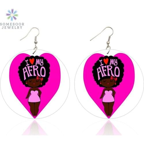 SOMESOOR Printed Black Curly Girl African Wooden Drop Earrings I Love My AFRO Natural Hair Design Dangle Jewelry For Women Gift