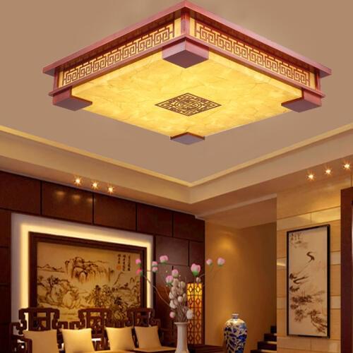 LED Chinese solid wood living room ceiling lamp restaurant bedroom classical yellow and white sheep skin square atmosphere lamps