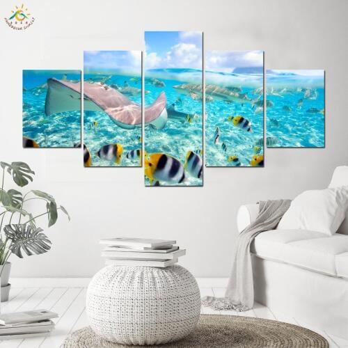 Fresh Ocean View Underwater canvas painting with frame posters and prints for Living Room 5 piece canvas art Decoration Home
