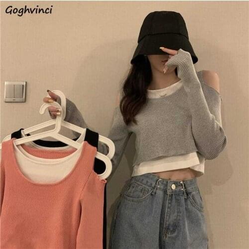 Spring Fake-two Pieces Strapless T-shirts Women Long Sleeve Hole Cropped Tops Slim Sweet Girls Stylish Elegant Clothes Female
