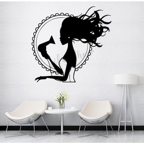 Beauty Girl With Hair Dryer VinylWall Decal Hair Artist Beauty Salon Decoration Pvc Vinyl Wall Sticker Barbershop Mural AZ1024