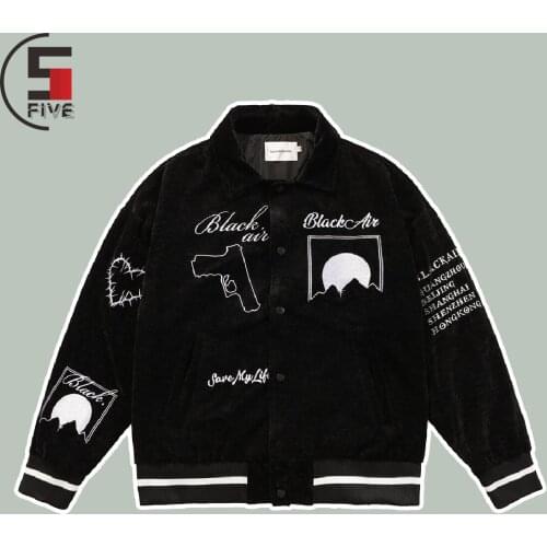 Harajuku Vintage Furry Pistol Print Baseball Jacket Mens Hip Hop Streetwear Fashion Embroidery Jackets Winter Couple Loose Coat